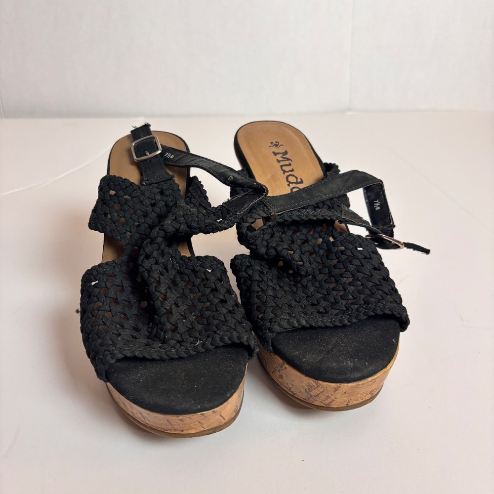 Mudd‎ Black Woven Wedge Sandals 7.5 Cork Platform Slingback Boho Summer Concert